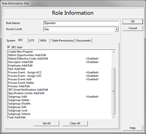 Computer screen image showing user role and process information for Six Sigma programs