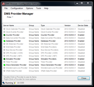 DMS Provider Manager: DMS software screen showing configuration settings.